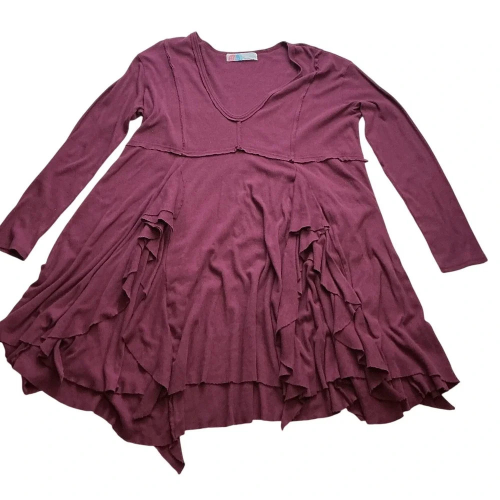 Free People Beach Womens Small Ruffle Tunic Top Long Sleeve Berry Wine V-Neck - Picture 4 of 9